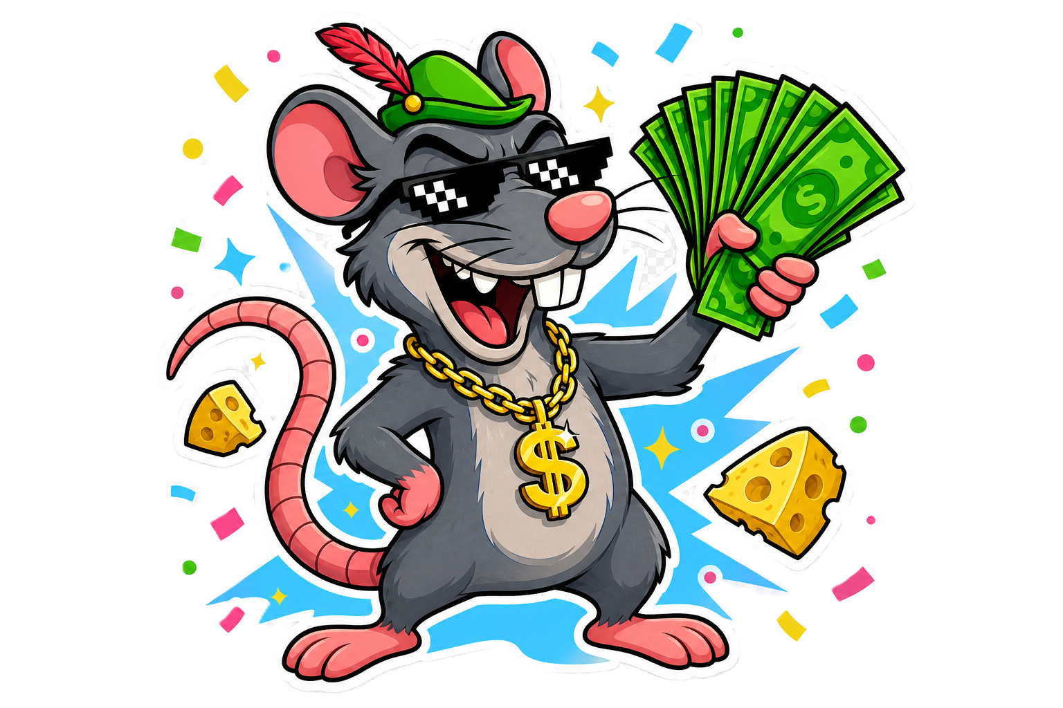CashRat mascot — a street rat holding a stack of cash