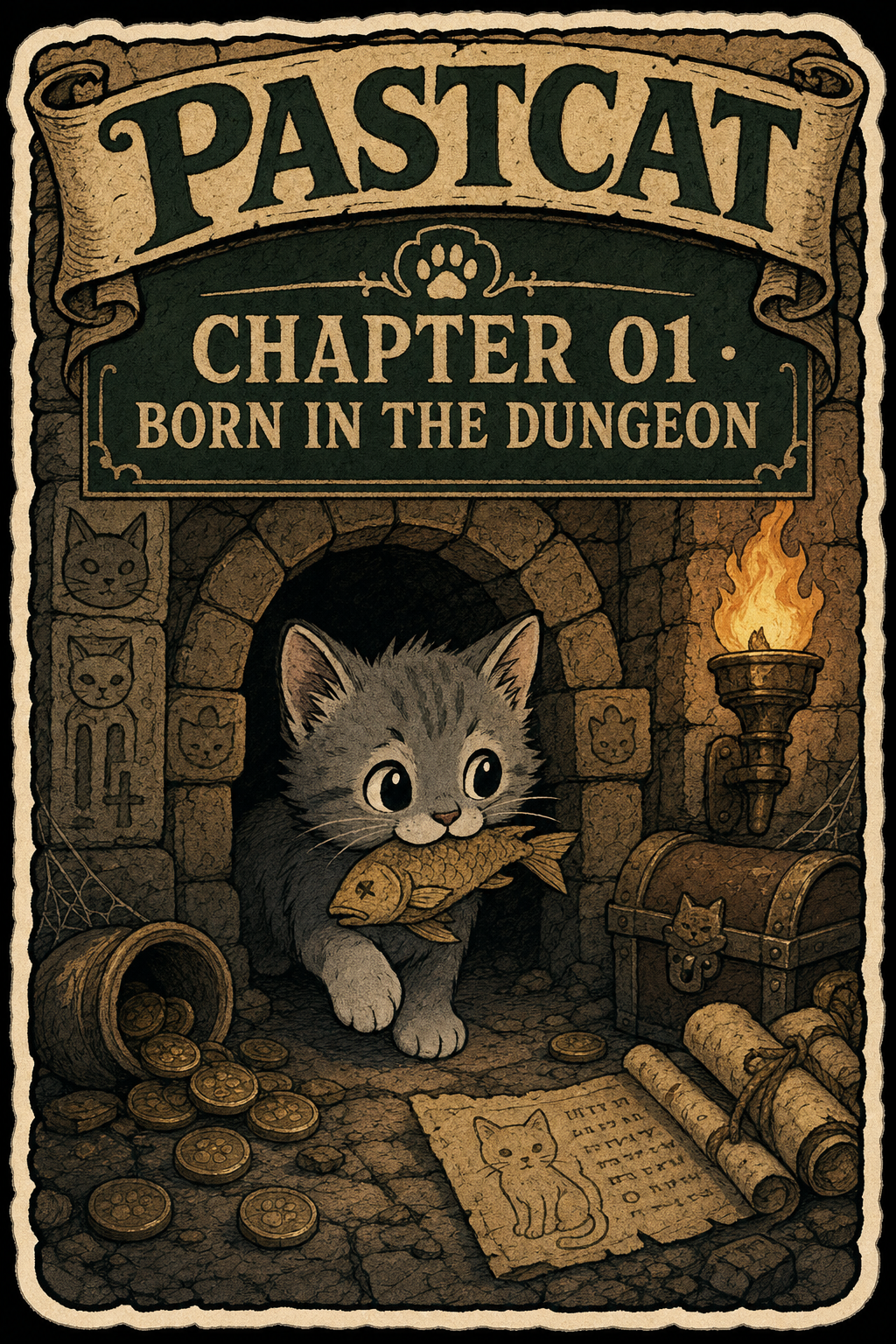 A tiny kitten emerging from ancient catacombs clutching a dried fish