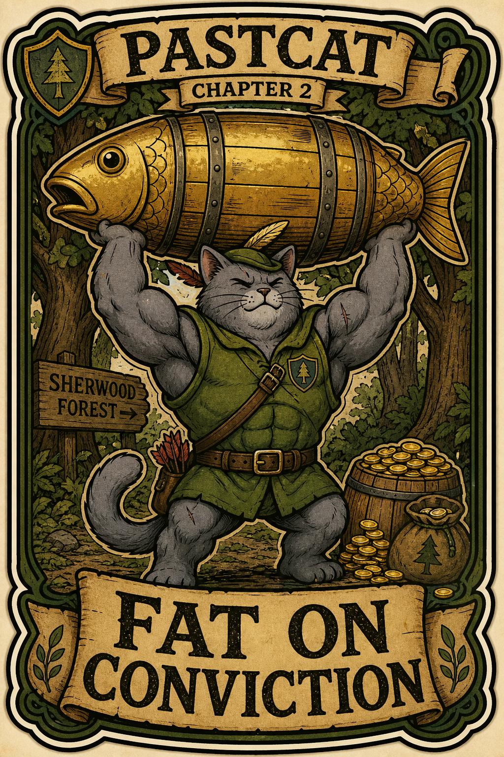 A medieval knight cat lifting a giant fish barrel like a barbell