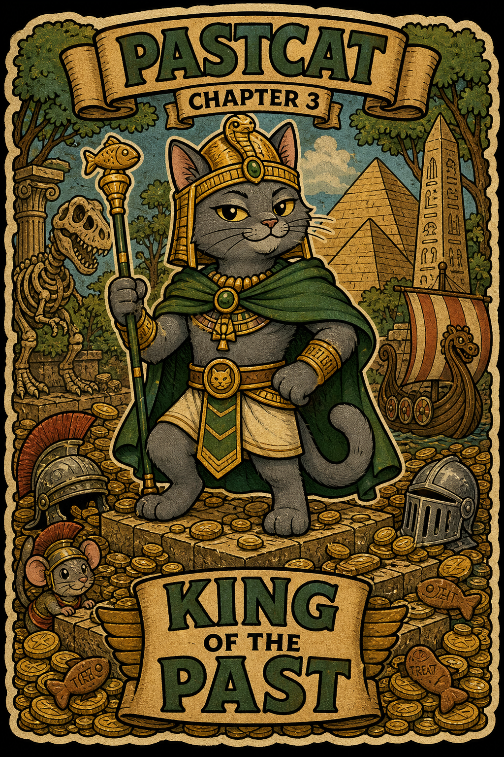 A cat pharaoh king on pyramid steps covered in gold coins and fish treats